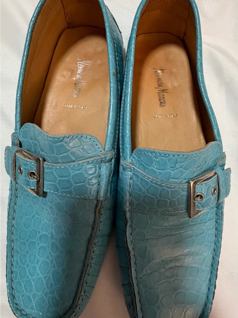 Neiman Marcus Teal Croc-Embossed Leather Slip-On Loafers
